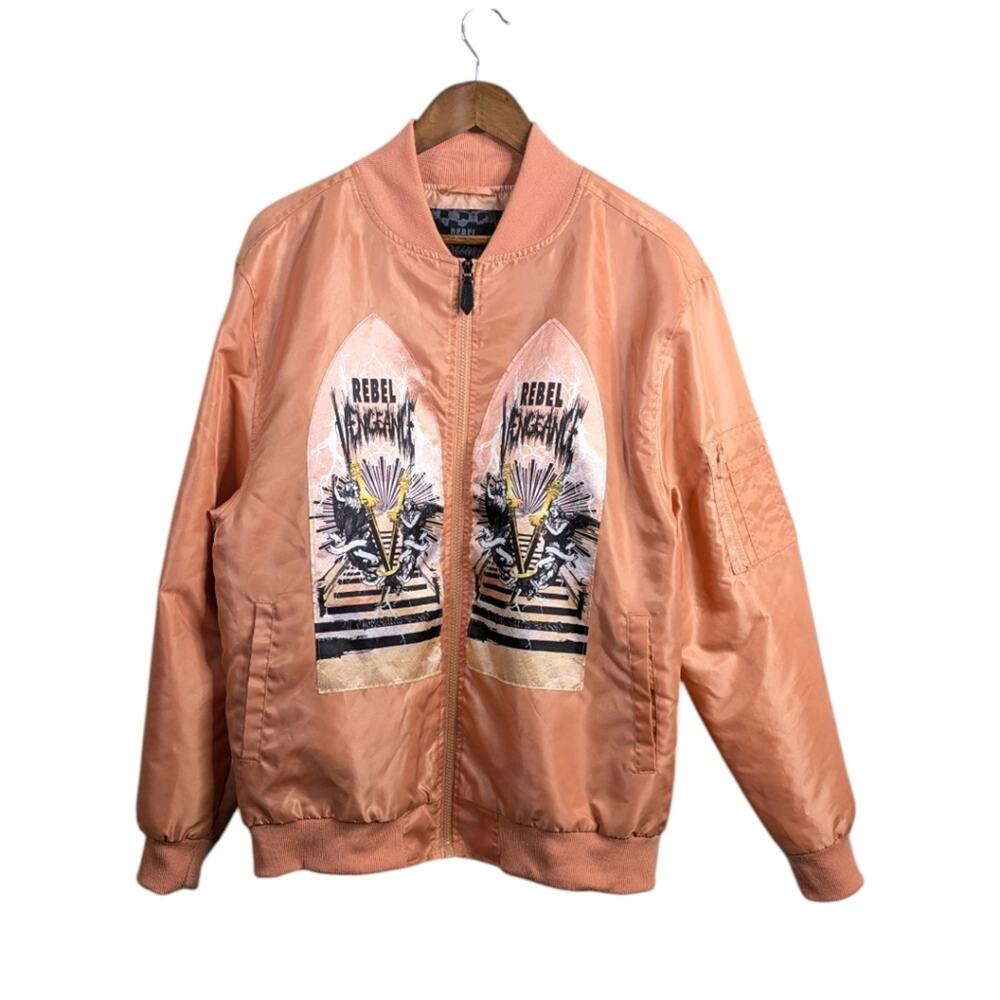 Rebel Vengeance Satin Bomber Jacket Large Angel Graphic Peach Orange Goth Punk